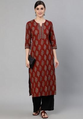Maroon Printed Cotton Kurta