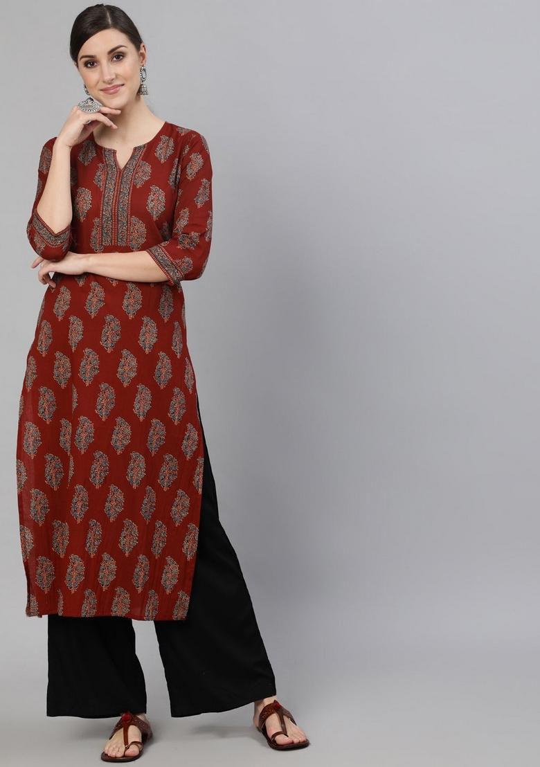 Maroon Printed Cotton Kurta - Indya