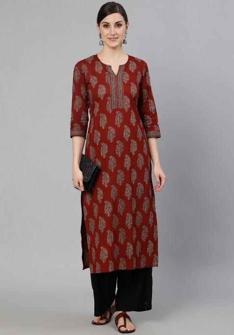 Maroon Printed Cotton Kurta