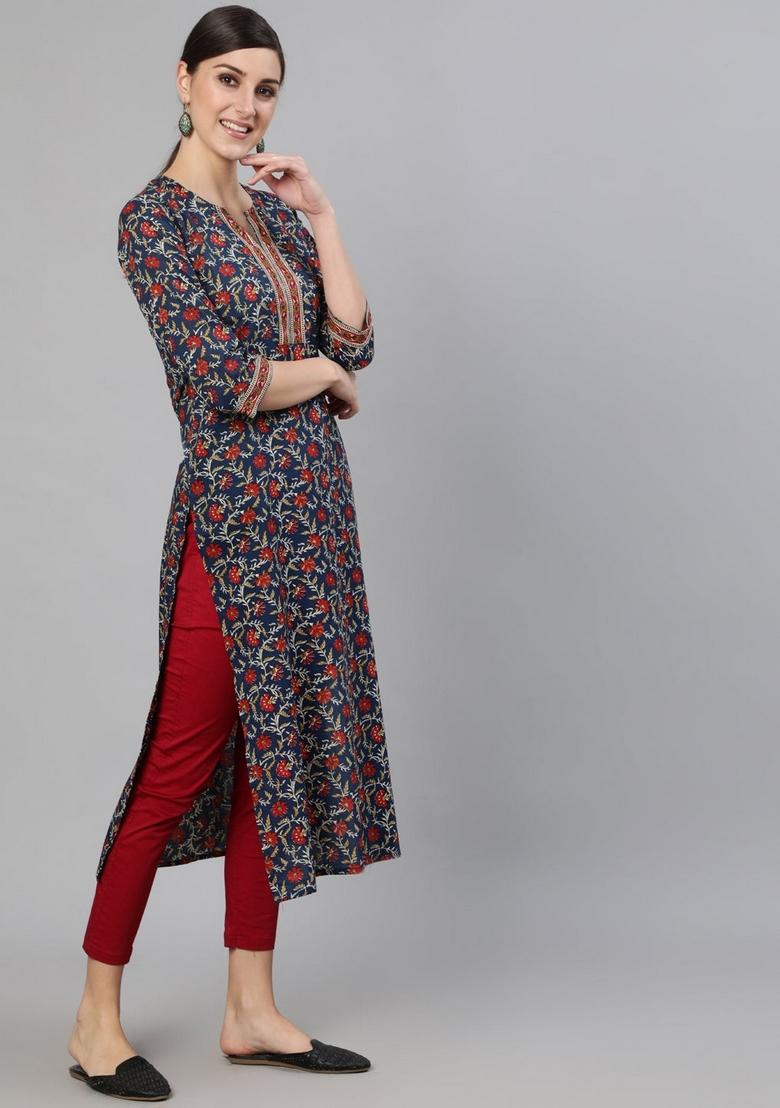 Blue Printed Cotton Kurta - Indya