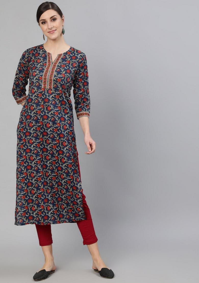 Blue Printed Cotton Kurta - Indya
