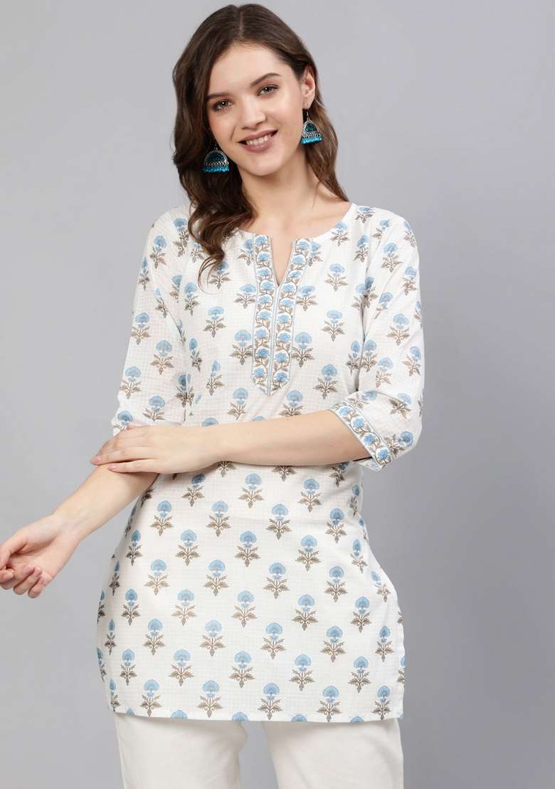 Off White Embroidered Cotton Kurta - Indya