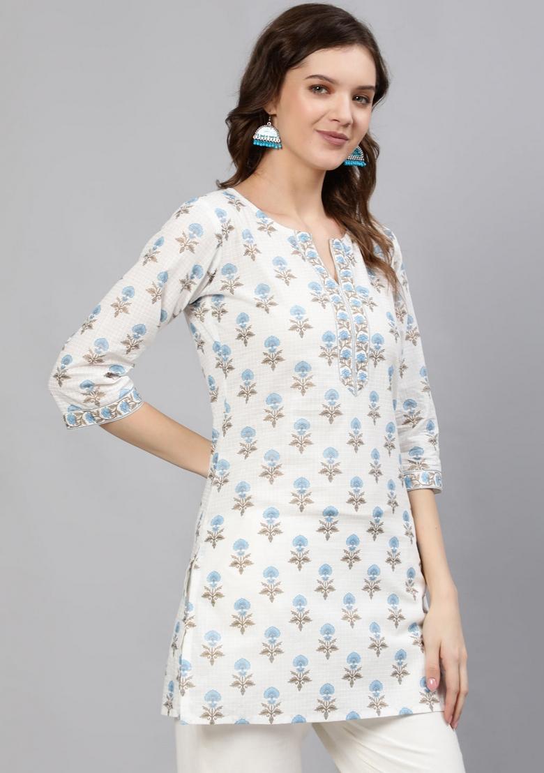 Off White Printed Cotton Kurta - Indya
