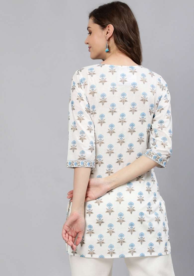 Off White Embroidered Cotton Kurta - Indya