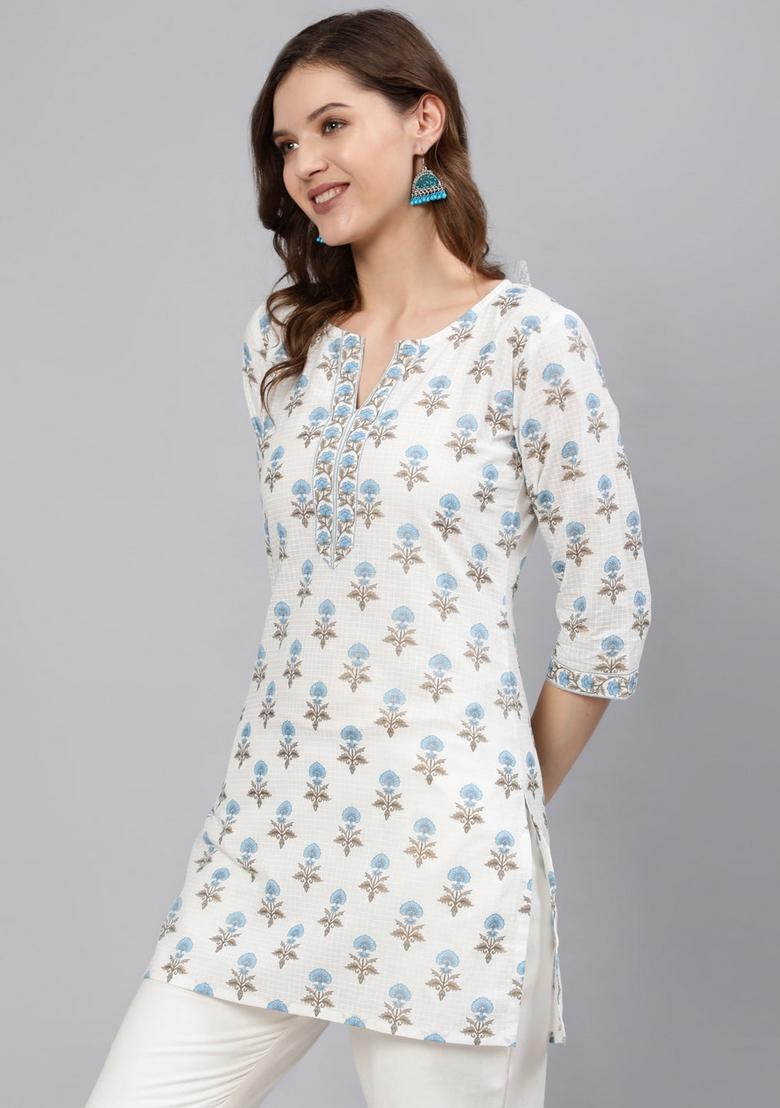 Off White Printed Cotton Kurta - Indya