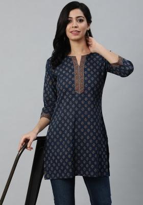 Navy Blue Printed Cotton Kurta