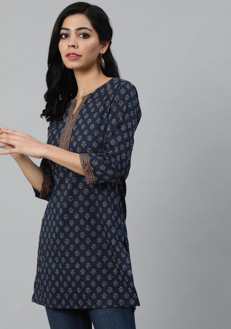 Navy Blue Printed Cotton Kurta - Indya