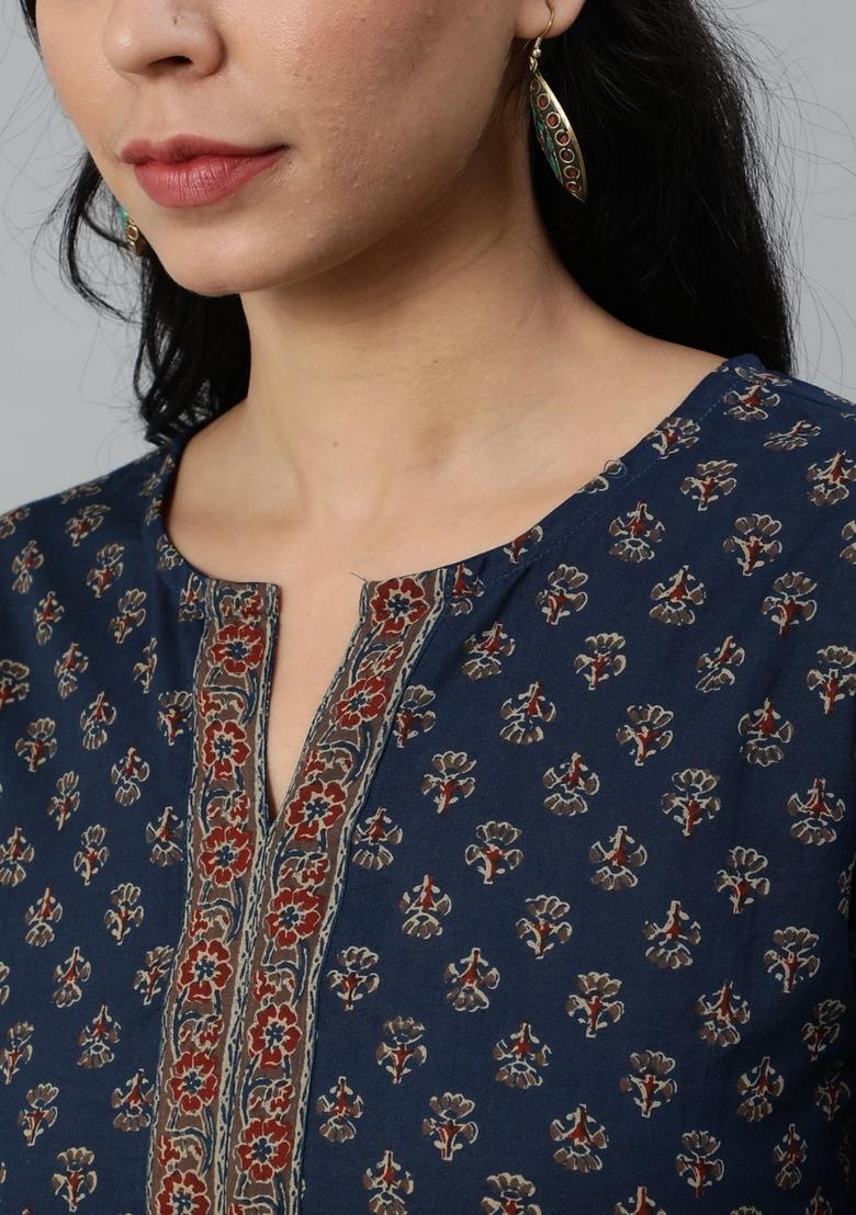 Navy Blue Printed Cotton Kurta - Indya