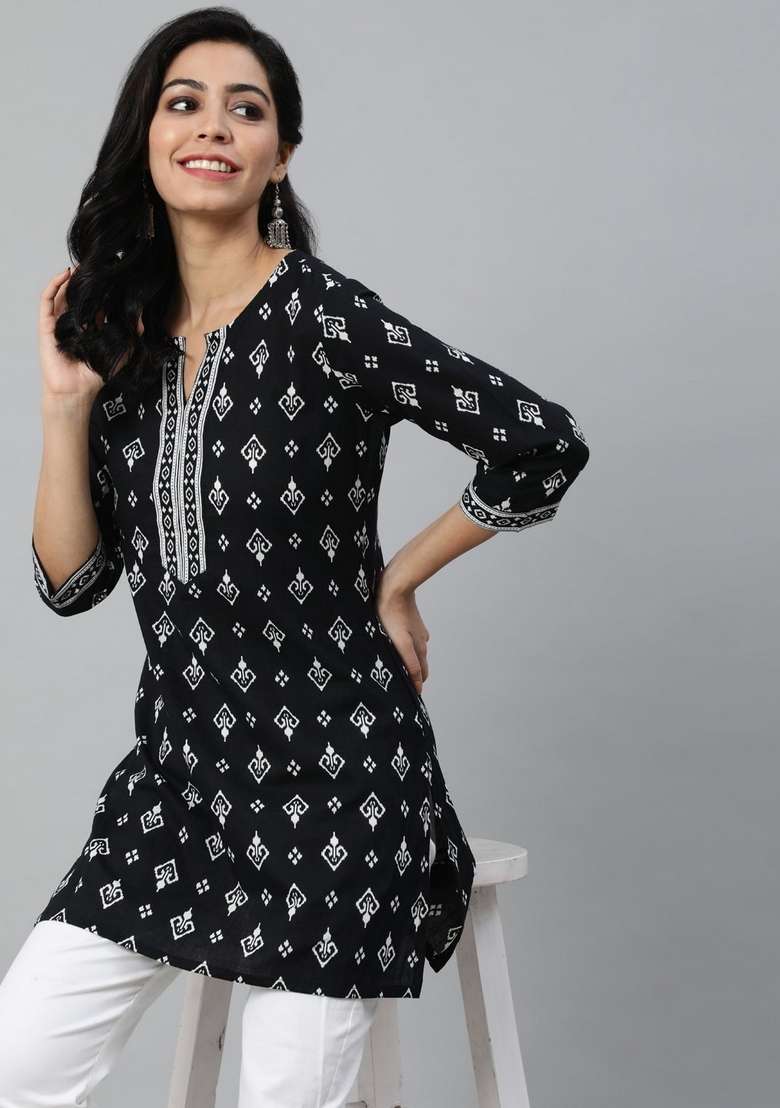 Black Printed Cotton Kurta - Indya