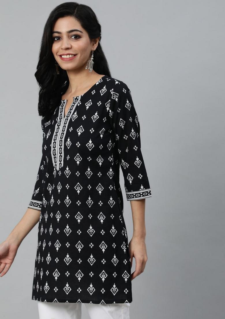 Black Printed Cotton Kurta - Indya