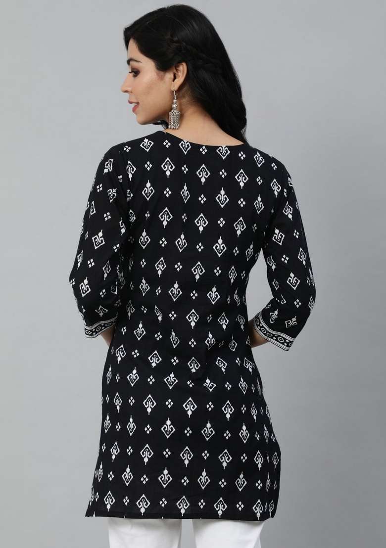 Black Printed Cotton Kurta - Indya