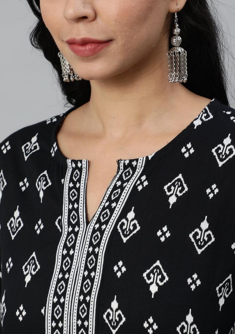 Black Printed Cotton Kurta - Indya