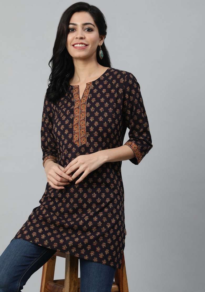 Purple Printed Cotton Kurta - Indya