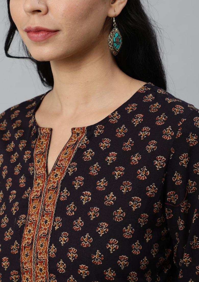 Purple Printed Cotton Kurta - Indya