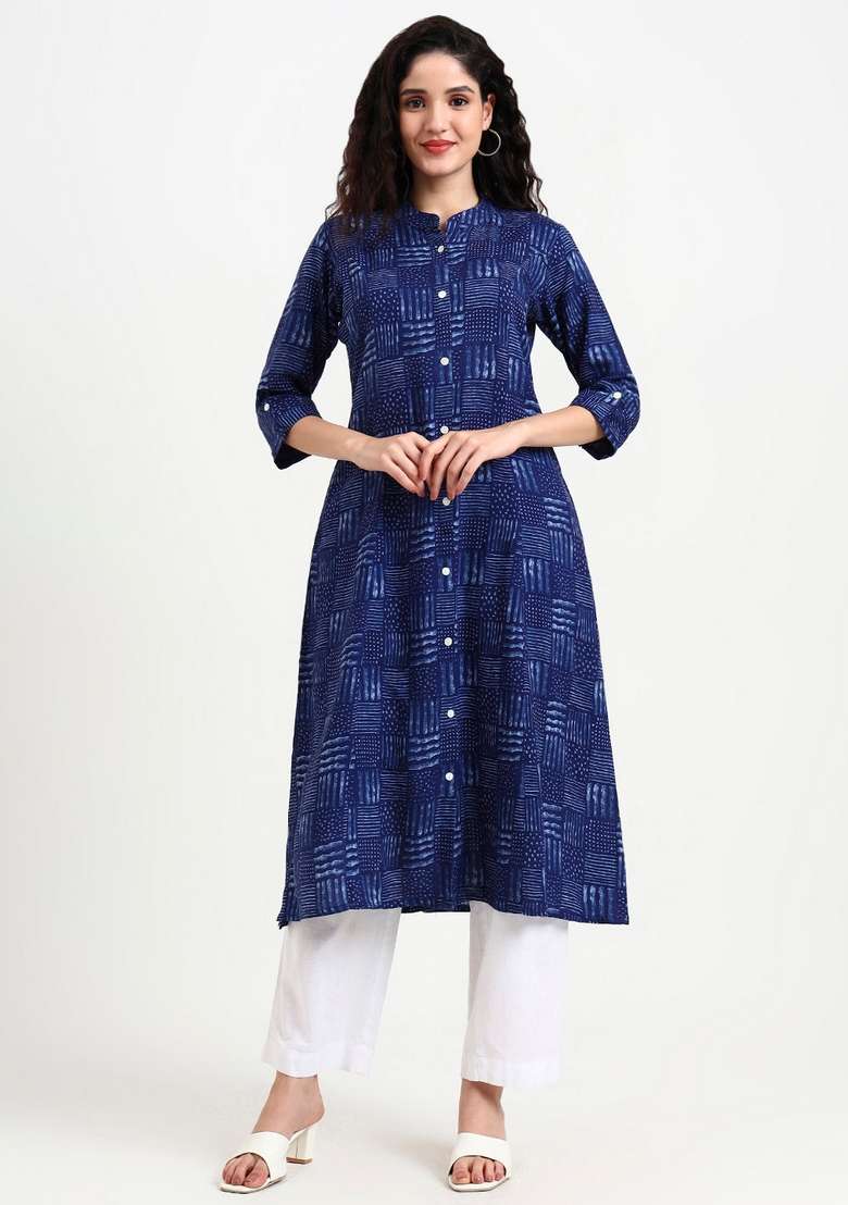 &nbsp;Indigo Blue Geometric Cotton Kurta Set - Indya