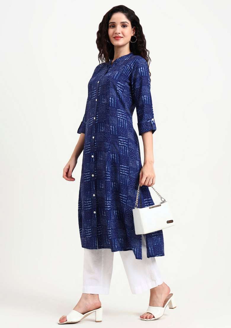 &nbsp;Indigo Blue Geometric Cotton Kurta Set - Indya
