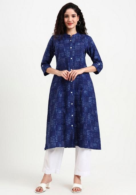 &nbsp;Indigo Blue Geometric Cotton Kurta Set