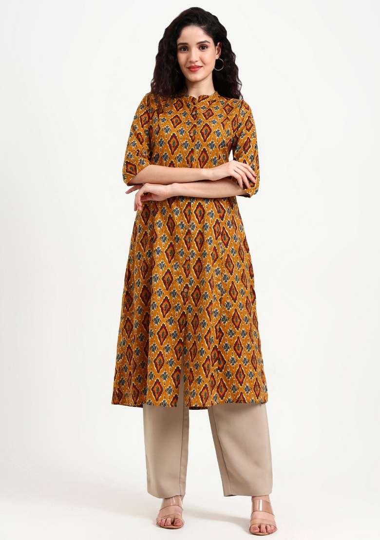 Mustard Abstract Cotton Kurta Set - Indya