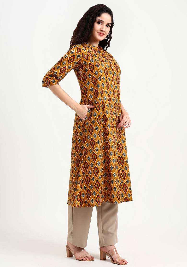 Mustard Abstract Cotton Kurta Set - Indya