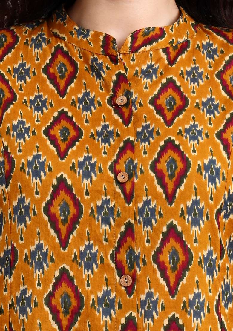 Mustard Abstract Cotton Kurta Set - Indya