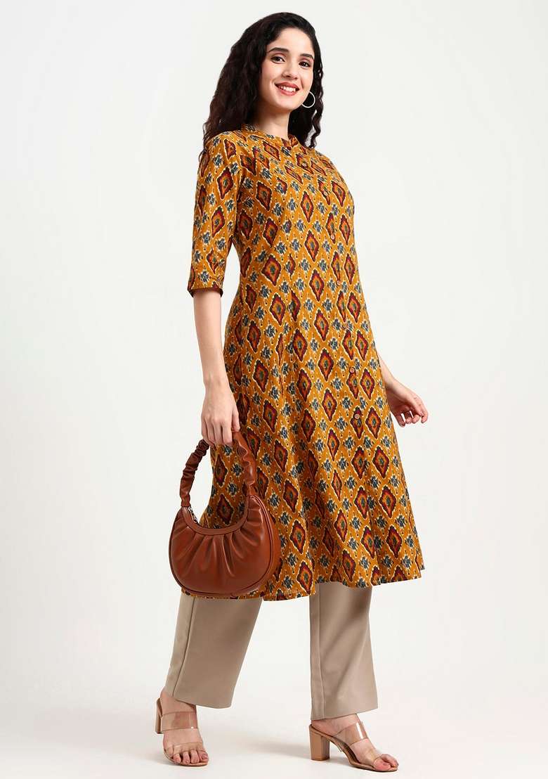 Mustard Abstract Cotton Kurta Set - Indya