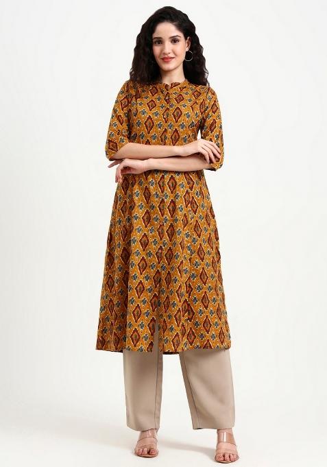 Mustard Abstract Cotton Kurta Set