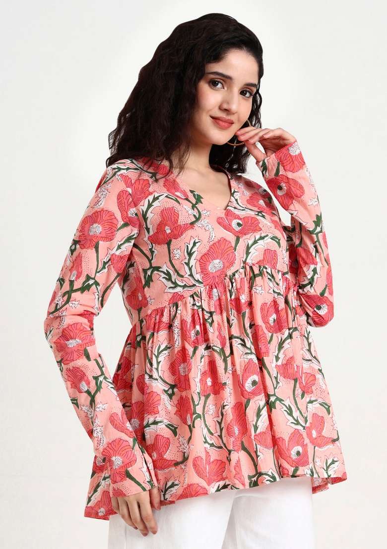 Pink Floral Cotton Top - Indya