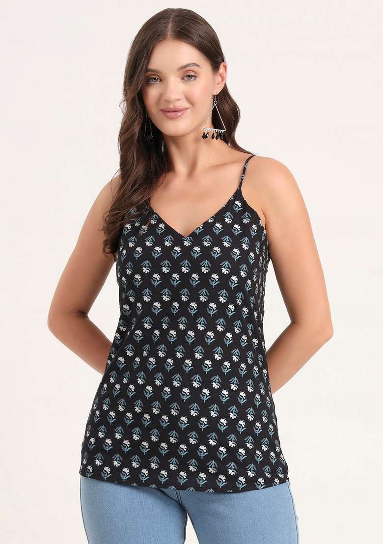 Black Floral Cotton Top - Indya