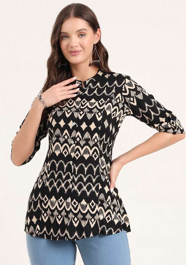 Black Graphic Cotton Top - Indya