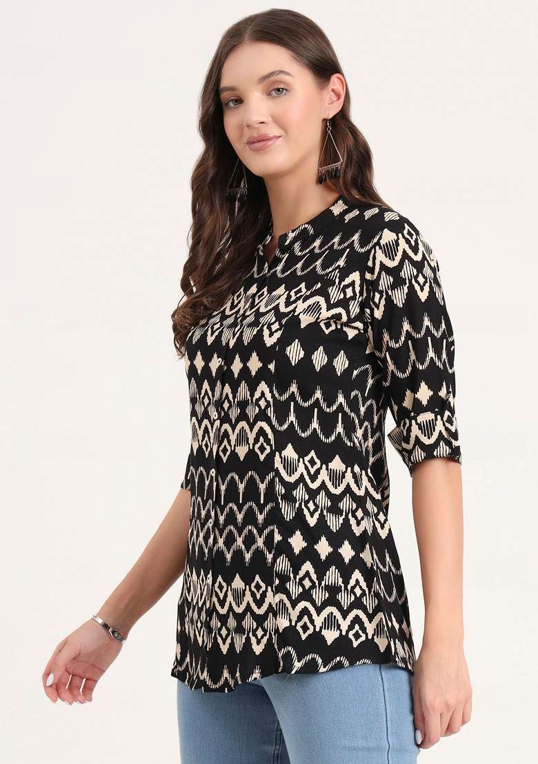 Black Graphic Cotton Top - Indya