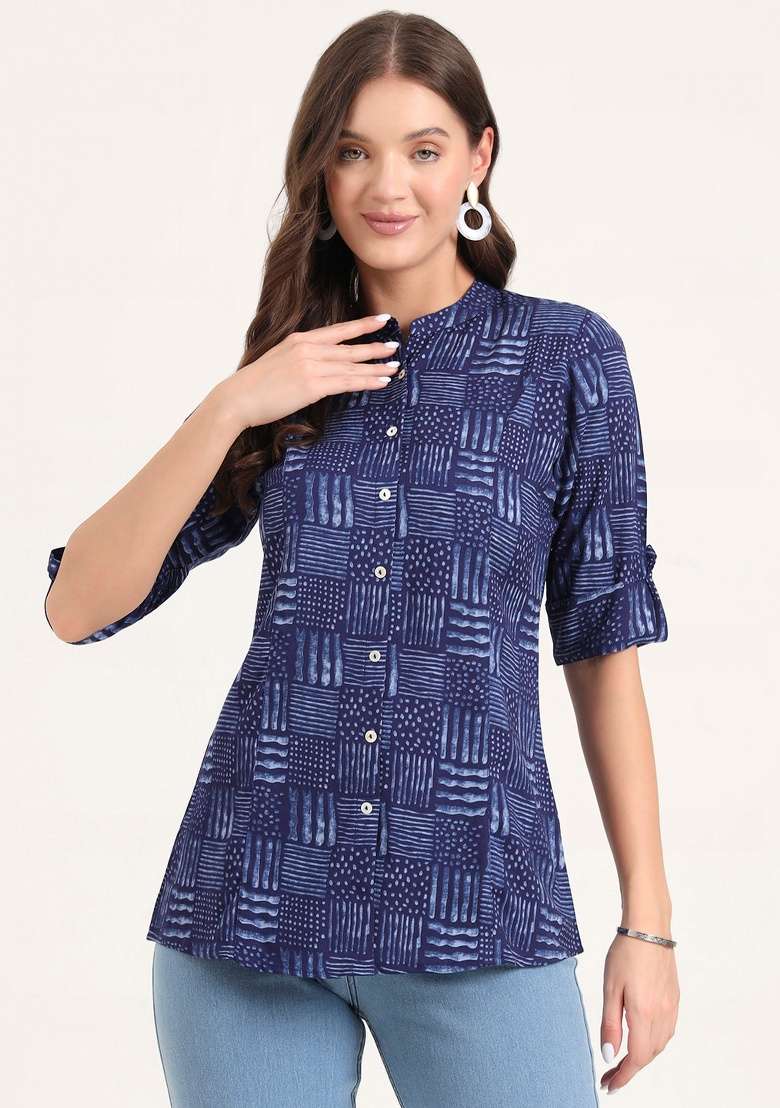 Blue Graphic Cotton Top - Indya