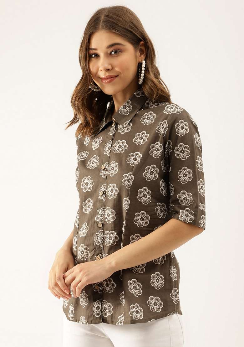 Brown Floral Cotton Top - Indya