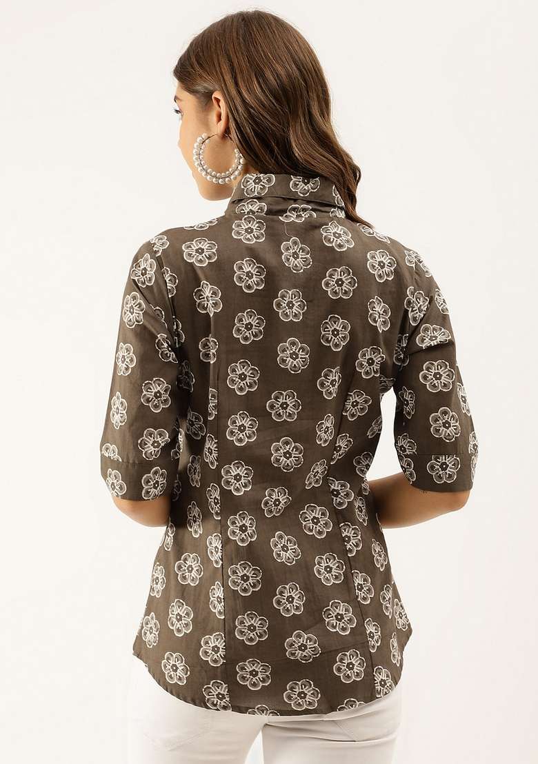 Brown Floral Cotton Top - Indya