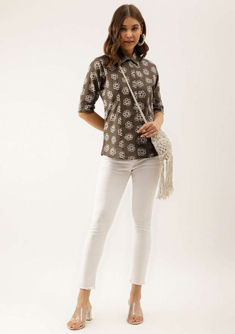 Brown Floral Cotton Top - Indya