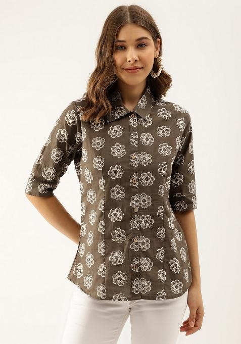 Brown Floral Cotton Top