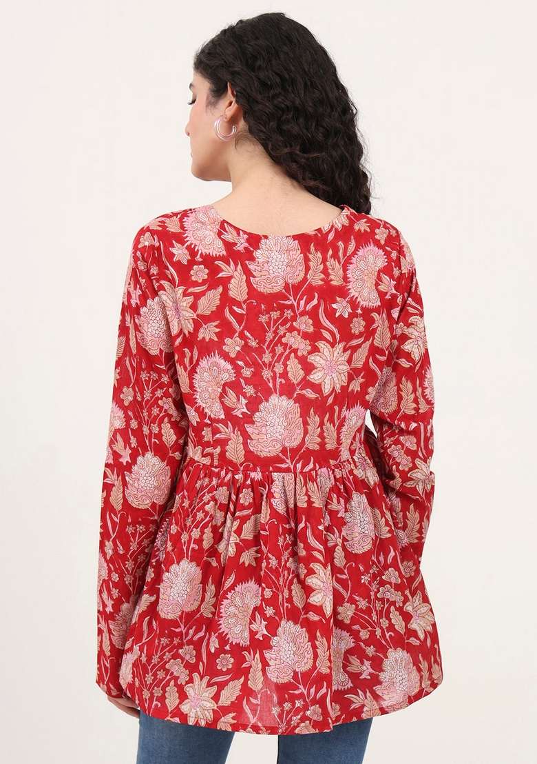 Red Floral Cotton Top - Indya
