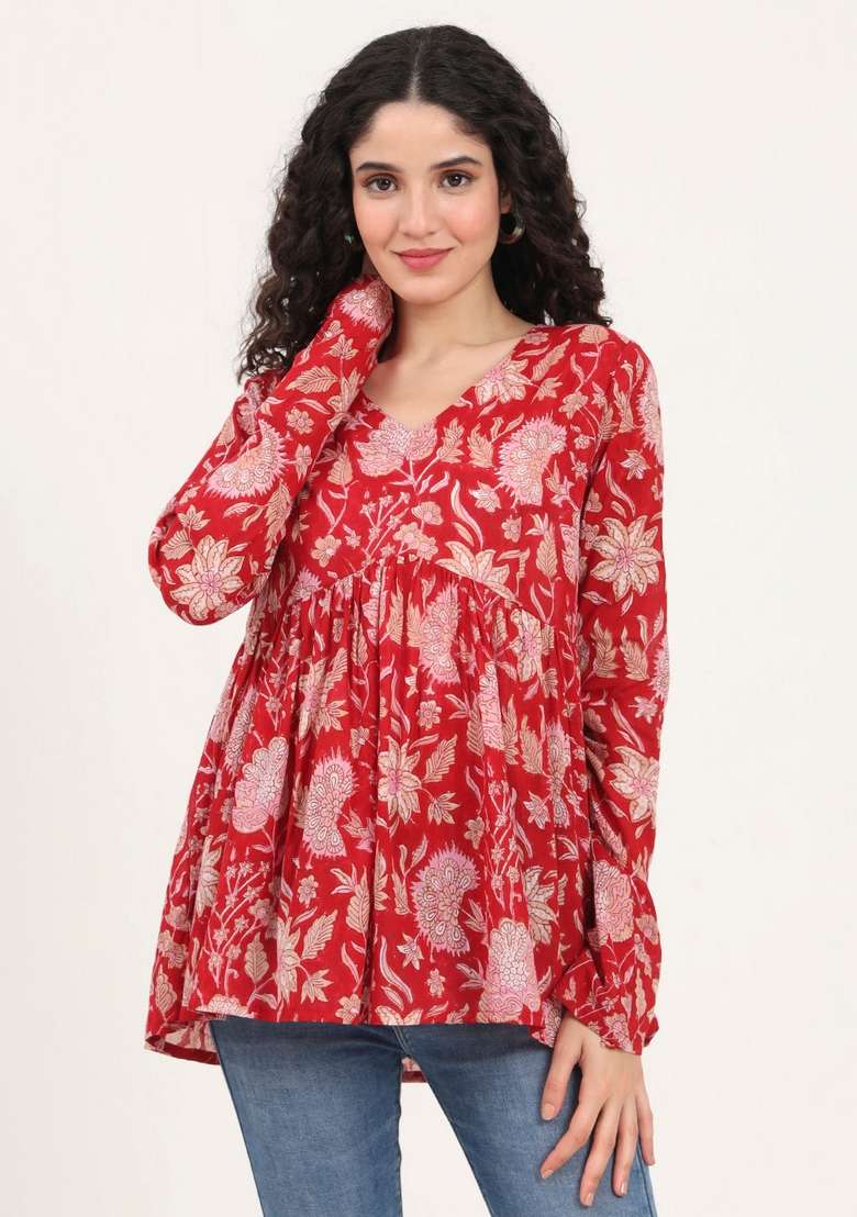 Red Floral Cotton Top - Indya