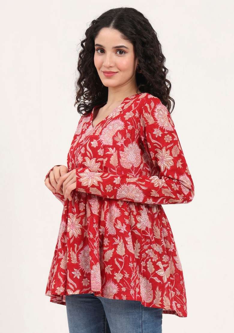 Red Floral Cotton Top - Indya
