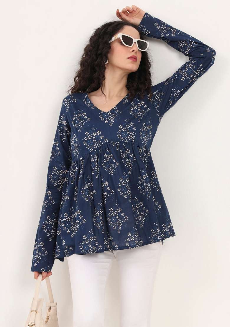 Blue Floral Cotton Top - Indya