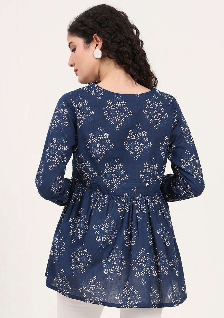 Blue Floral Cotton Top - Indya