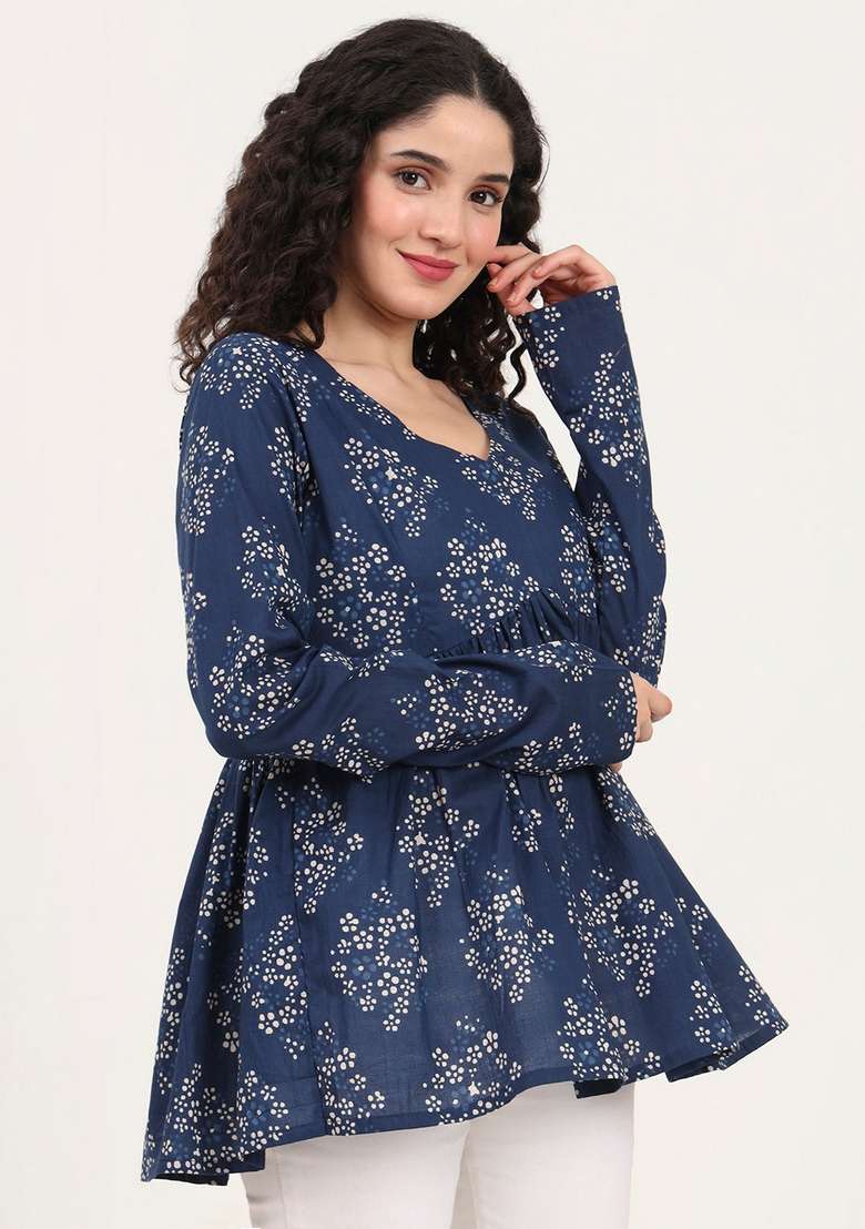 Blue Floral Cotton Top - Indya