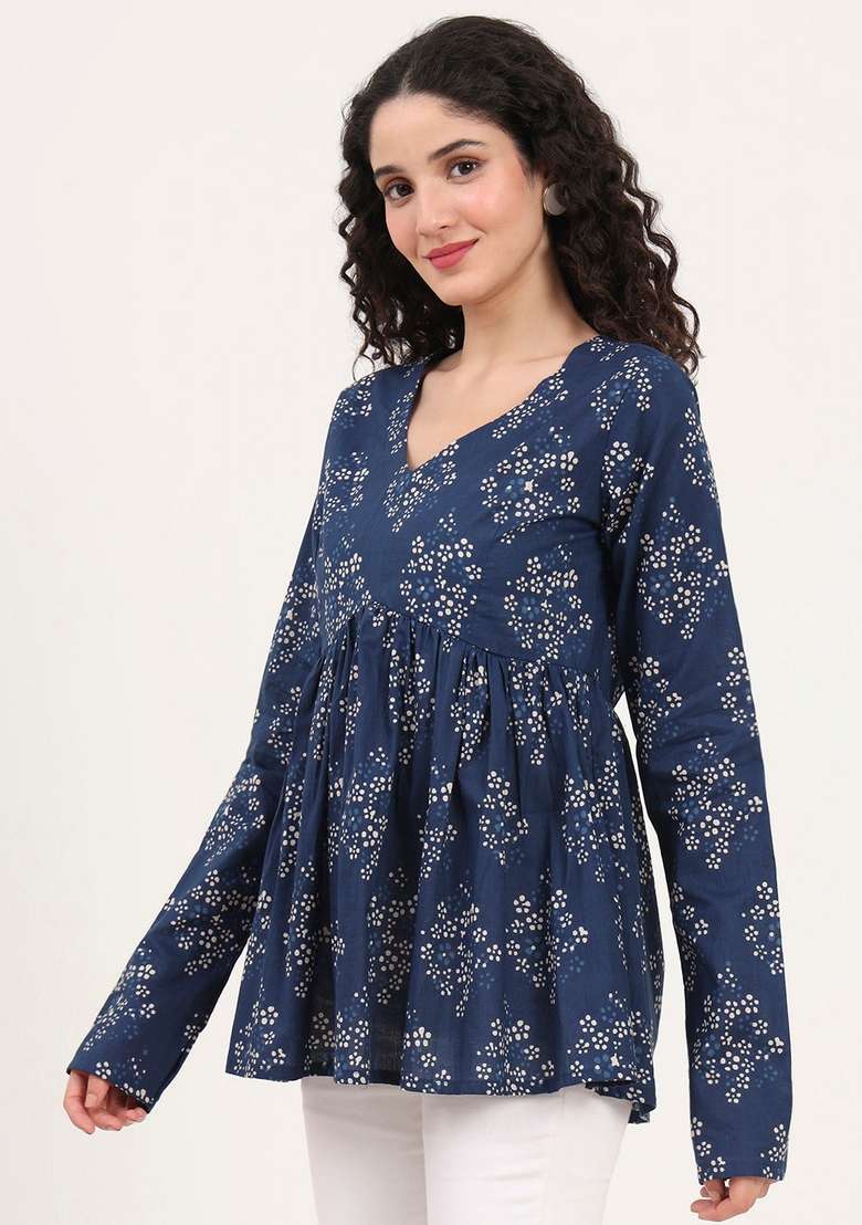 Blue Floral Cotton Top - Indya