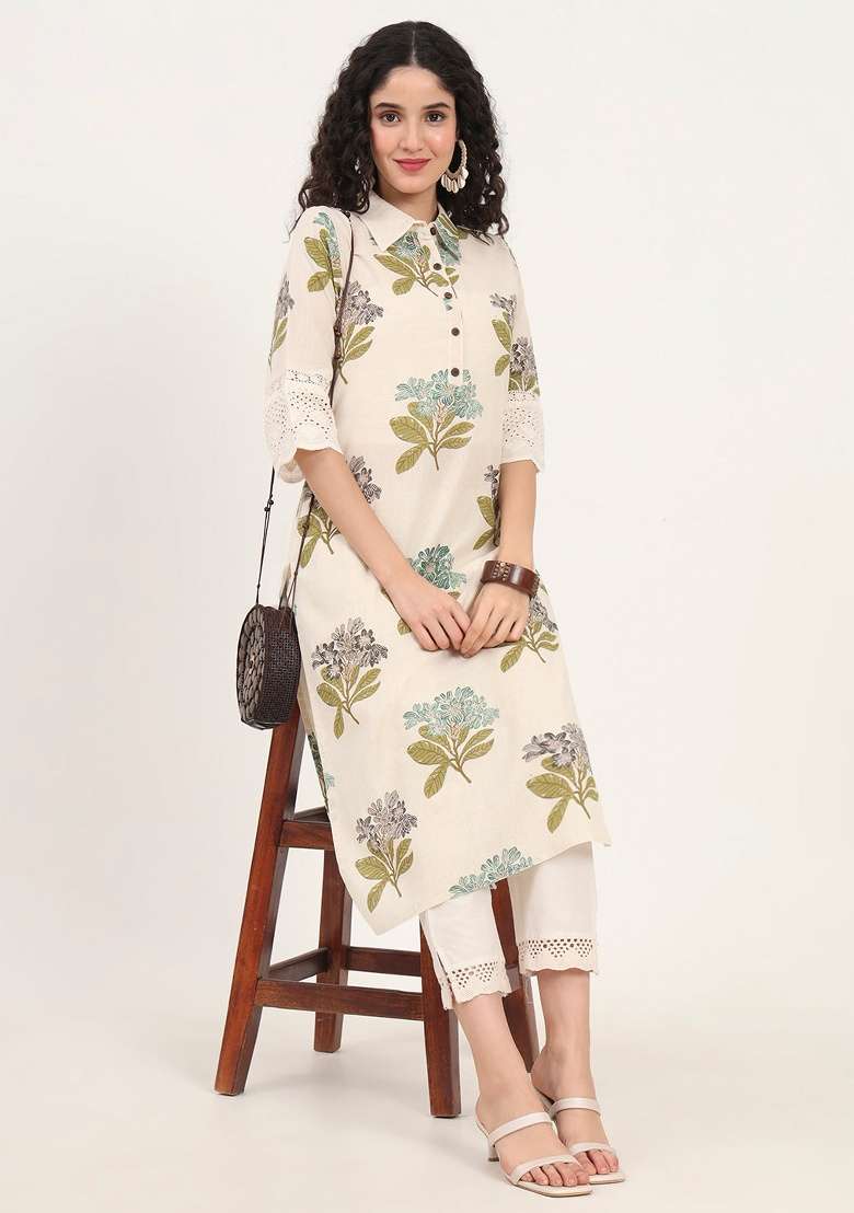 Green Floral Cotton Kurta Set - Indya