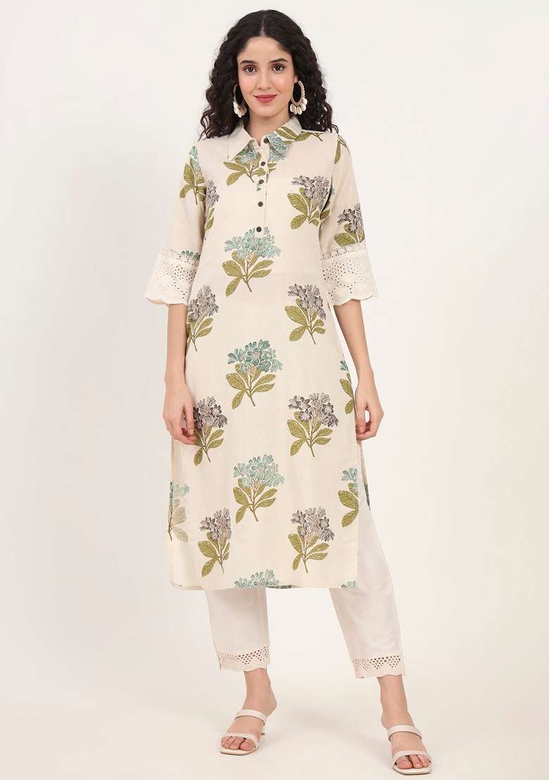 Green Floral Cotton Kurta Set - Indya
