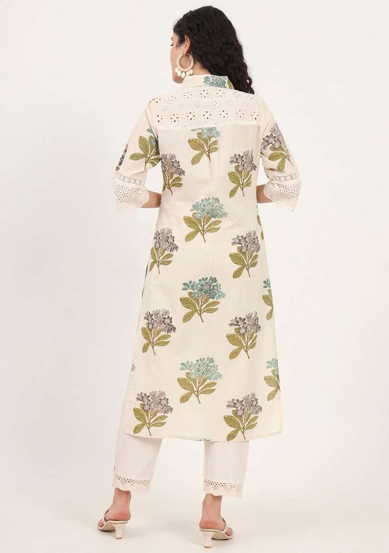 Green Floral Cotton Kurta Set - Indya