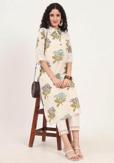 Green Floral Cotton Kurta Set