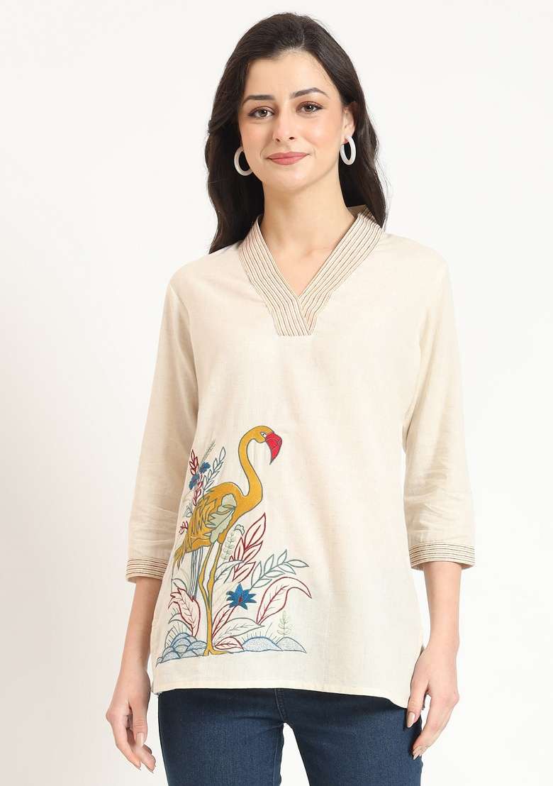 Off White Embroidery Cotton Top - Indya