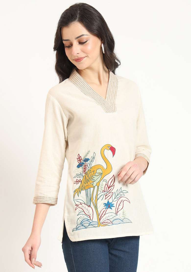 Off White Embroidery Cotton Top - Indya