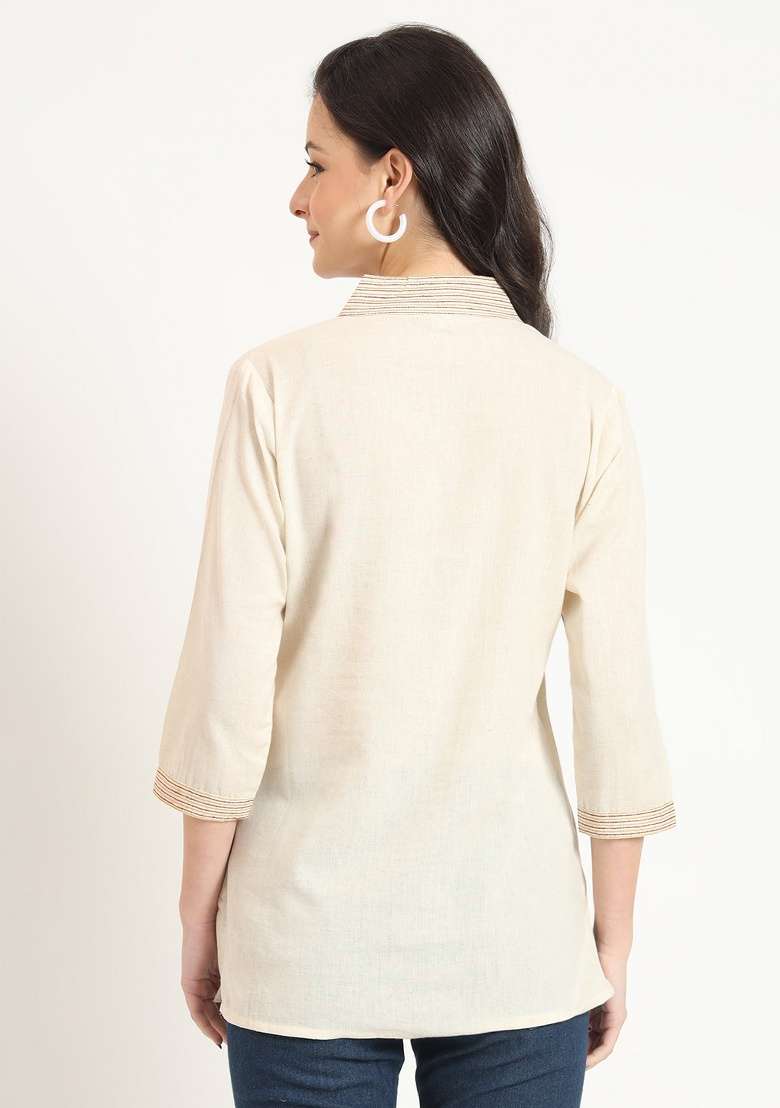 Off White Embroidery Cotton Top - Indya