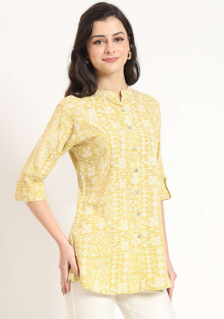 Yellow Printed Cotton Top - Indya